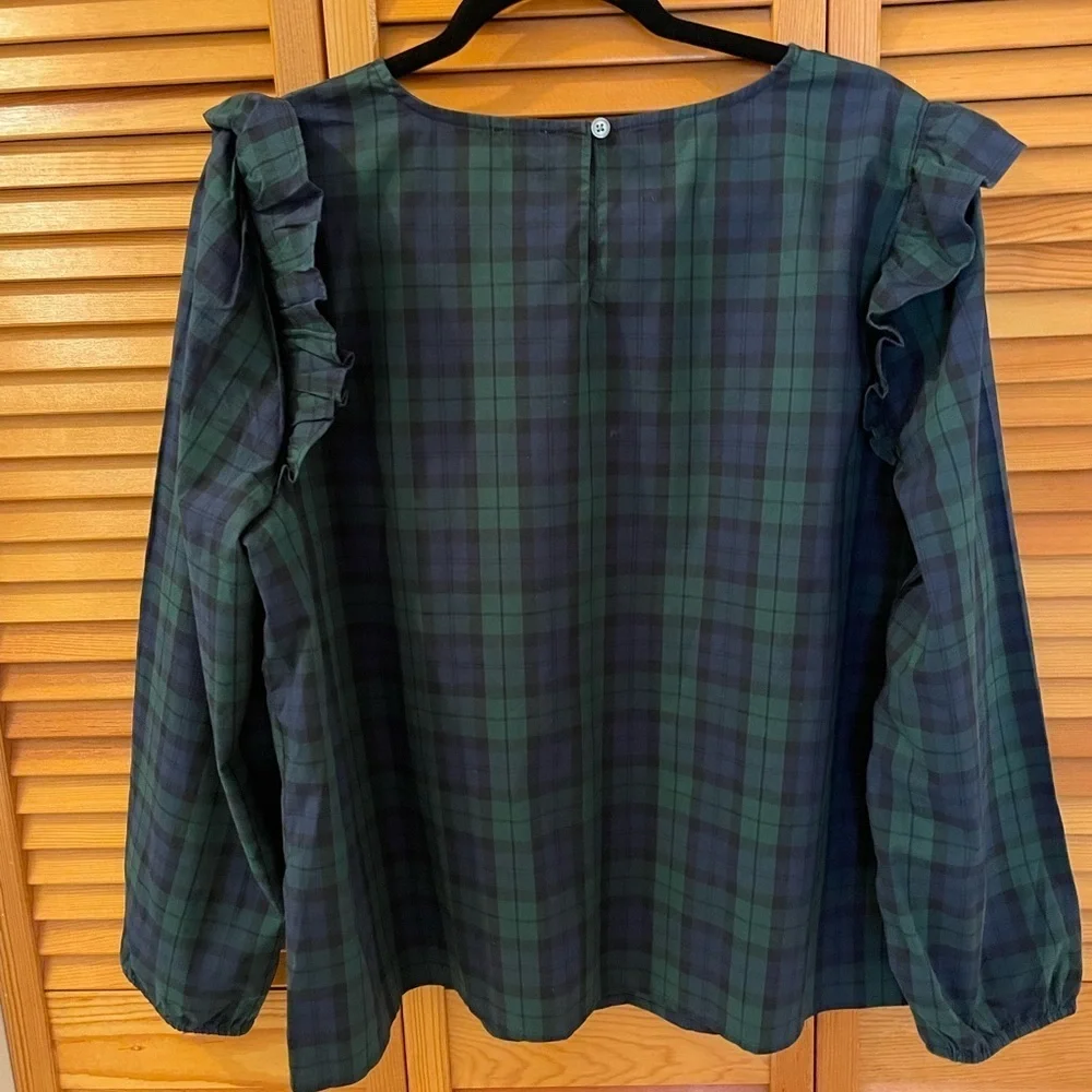 J. Crew Top, Size Unmarked, Blue & Green Paid, Slipover w/Shoulder Ruffles.